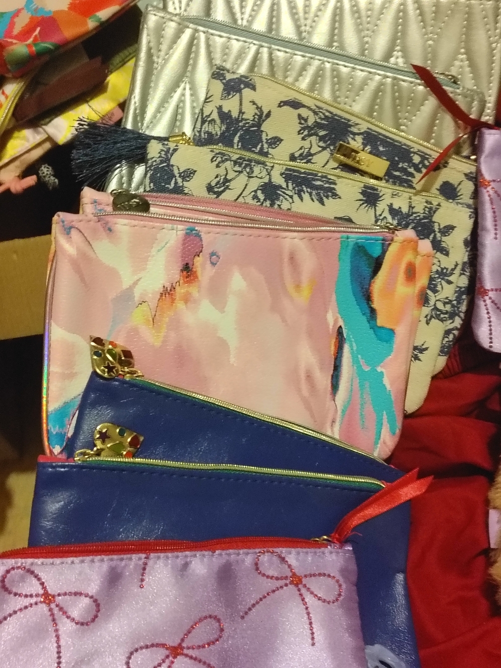 Multicolor Floral & Satin Cosmetic Pouch Set